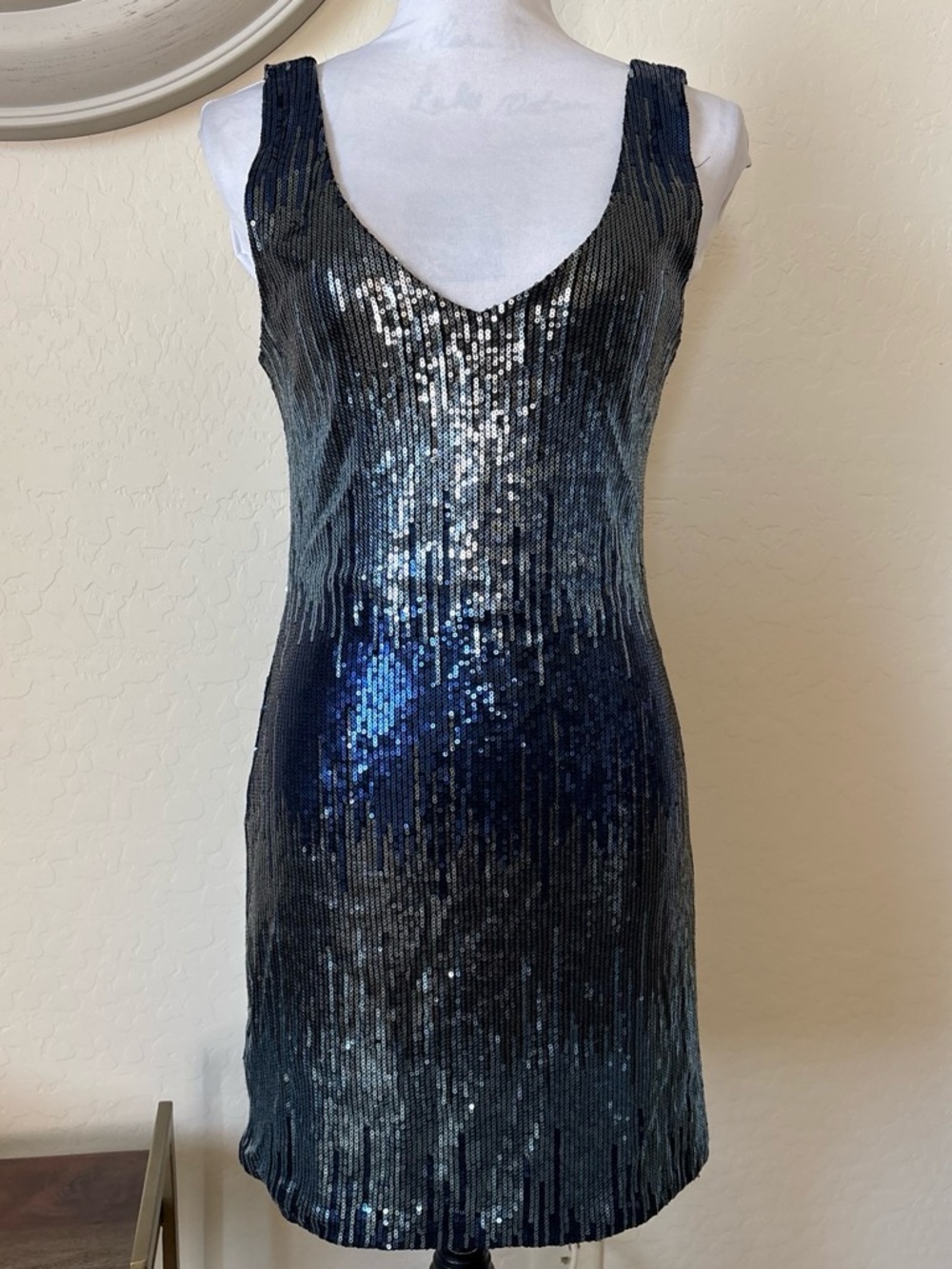 AUW Sexy Silver Blues Sequin Waterfall Mini Cocktail Party Shift Dress L